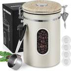 1800ML Airtight Coffee Canister with Date Tracker&Transparent Window, 22.8OZ Coffe Beans Storage with 30ML Measure Spoon&4 co2 Valve, Coffee Container for Grounds Coffee, Beans, Tea, Sugar(Beige)