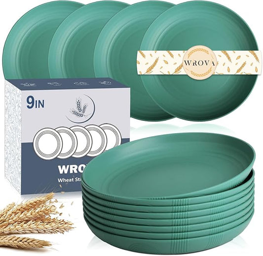 Wrova Wheat Straw Plates - 9 Inch Unbreakable Dinner Plates Set of 8 - Dishwasher & Microwave Safe Plastic Plates Reusable for Kitchen and Camping (Green)