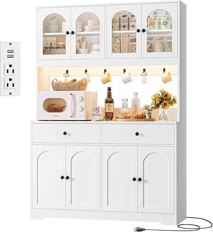 HIFIT 71" LED Kitchen Pantry Cabinet with Power Outlet, Large Kitchen Hutch Storage Cabinet with Arched Door & Shelves & 2 Drawers, Tall Modern Coffee Bar with Hutch for Home Dining Living Room, White
