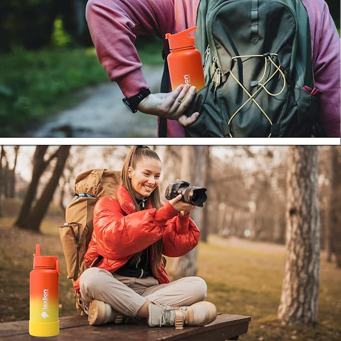 Lexlion 32 Oz Triple Walled Insulated Stainless Steel Fruit Infuser Bottle, Thermal Leaf Infuser, Silicone Sleeve, 3 Lids Leakproof, Metal Mug Gallon