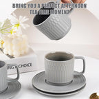 Large Cappuccino Cups with Saucers Set of 4, 8 Ounce Stackable Embossed Ceramic Coffee Mugs for Specialty Coffee Drinks, Latte, Cafe Mocha and Tea, Dishwasher & Microwave Safe (Grey)