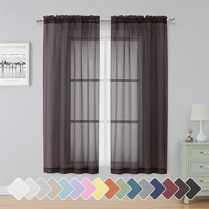 Simplebrand Chocolate Sheer Curtains 63 Inch Length 2 Panels, Rod Pocket Solid by Simplebrand