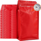 Coffee Bags with Valve (50 PCS,16oz/1lb) Red High Barrier Aluminum Foil Flat Bottom Standing Coffee Beans Storage Packaging Bags, Reusable Heat Seal Side Zipper Pouches for Small Business and Home