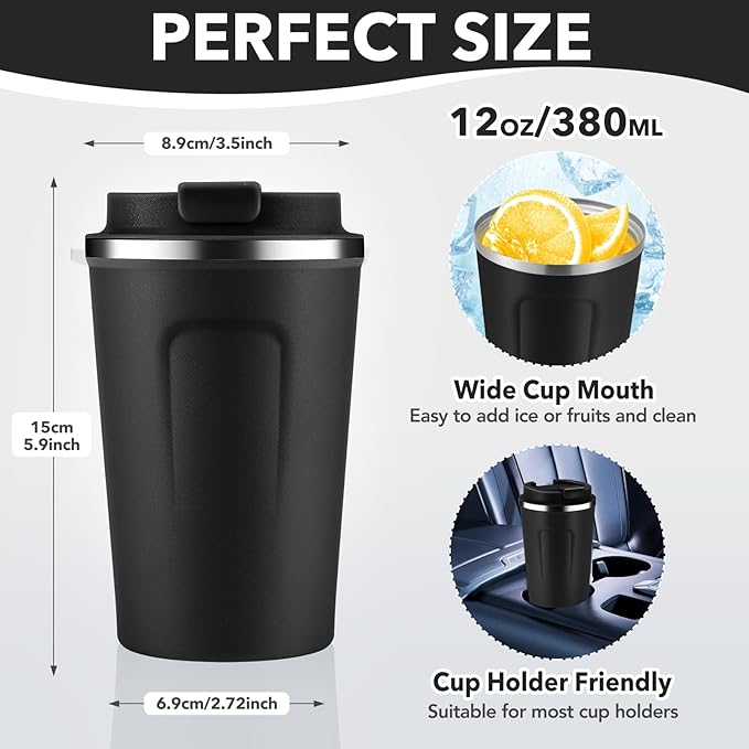 Volhoply 12 oz Double Wall Insulated Vacuum Travel Coffee Mug with Flip Lid Bulk 8 Pack,Reusable Stainless Steel Leak Proof Coffee Cup,Portable Cafe Thermal Tumblers for Hot & Cold Drinks(Black,8 Set)