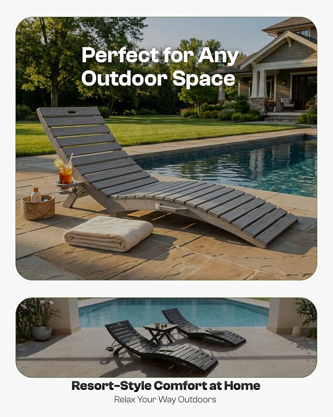 Folding HDPE Pool Lounge Chairs Set of 2, Pre-Assembled Outdoor Chaise Lounge - Image 7