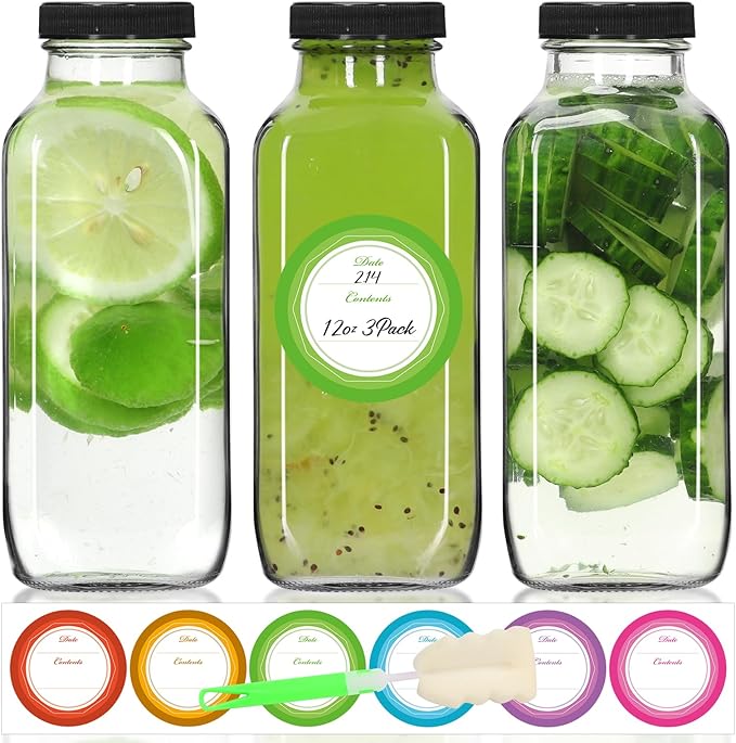 STARSIDE 12 oz 3 Pack Glass Juice Bottles with Lids - Square Reusable Drinking Jars for Juicing, Milk, Kombucha - Includes 1 Bottle Brush, 6 Colored Labels