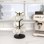 Coffee Mug Tree Holder Countertop, Non-Slip Walnut Wood Mug Rack with 6 Hooks, Coffee Cup Rack for Home Storage and Organizer (Black)