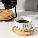 LUKA Ceramic Demitasse Espresso Cups Set with Saucers and Metal Stand, 8 oz Porcelain Cappuccino Cups Teacup For Tea, Espresso, Latte, Coffee, Cafe Mocha, Set of 4, Stripe White & Black
