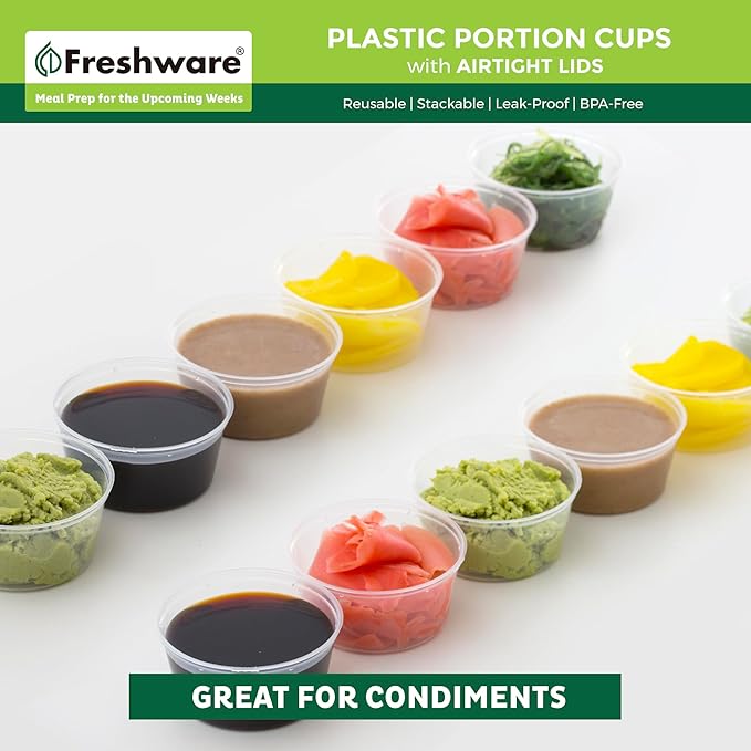 Freshware Plastic Portion Cups with Lids [3.25 Ounce, 200 Sets] Disposable Plastic Cups for Meal Prep, Salad Dressing, Jellos Shot Cups, Souffle Cups, Condiment and Dipping Sauce Cups