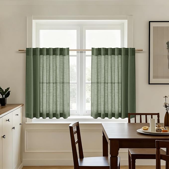 Linen Kitchen Curtains 30 Inches Long 2 Panels Olive Green Semi Sheer Short - Image 5
