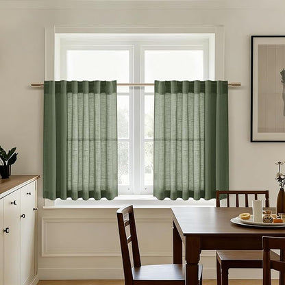 Linen Kitchen Curtains 30 Inches Long 2 Panels Olive Green Semi Sheer Short - Image 5