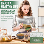 Pottery Matcha Set - Japanese Handcrafted Matcha Tea Bowl Mineral Glaze Bowl with Spout, Bamboo Whisk, Scoop & Chasen Holder | 4pc Tea Ceremony Kit for Matcha Lovers (Coffee Sand)