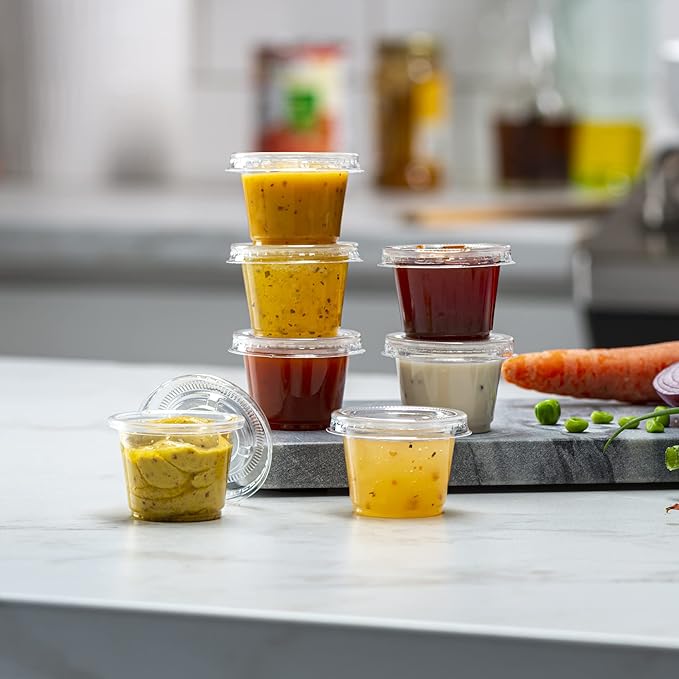 (1 oz - 100 Sets) Clear Diposable Plastic Portion Cups With Lids, Small Mini Containers For Portion Controll, Jello Shots, Meal Prep, Sauce Cups, Slime, Condiments,