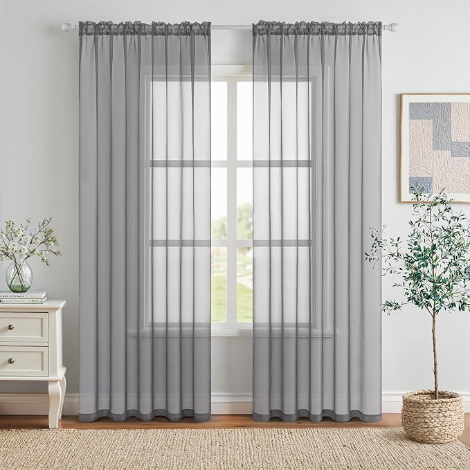 MIULEE Charcoal Grey Sheer Curtains 54 X 72 Inches, 2 Panels | Solid Color by MIULEE