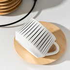 LUKA Ceramic Coffee Espresso Cups with Saucers Set with Metal Holder, 4 oz Porcelain Demitasse Cups For Espresso, Latte, Coffee, Cafe Mocha, Tea, Set of 6, Stripe White & Black