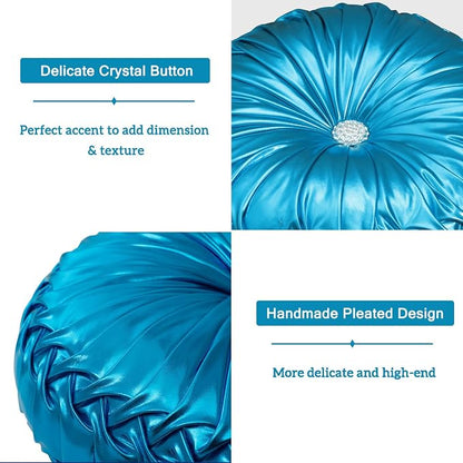 HIG Set of 2 Blue Metallic Leather Decorative Round Pleated Throw Pillows | - Image 4