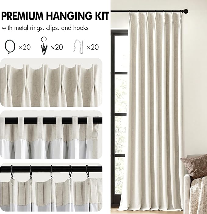 MIULEE Natural Pinch Pleated 100% Blackout Linen Curtains 40x92 Inches | Room - Image 8