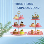 RAUVOLFIA 2 Pack of Plastic Round & Square Dessert Cupcake Stand, 3 Tier Cup Cake Holder Tower for Tea Party/Birthday/Wedding, Plastic Tiered Serving Tray (Pink)