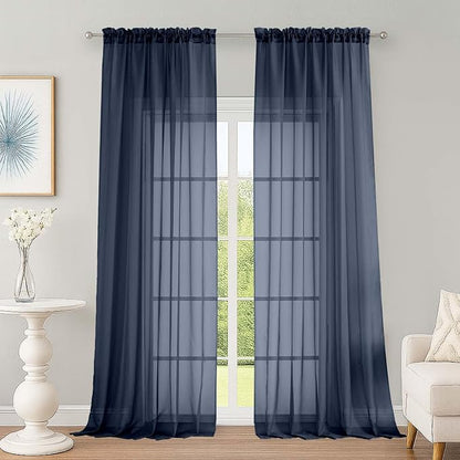 Extra Long Navy Blue Sheer Curtains 96 Inches Long 2 Panels Set, Soft by OWENIE