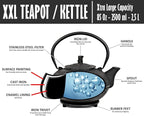 XXL Japanese Cast Iron Teapot with Infuser & Matching Trivet - Large 85 Oz/2500ml Tetsubin Loose Leaf Tea Pot with Enamel Interior - Handcrafted Big Cast Iron Tea Kettle Humidifier Set - Black