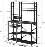 Baker Rack with Power Outlet - Microwave Stand with Storage, Large Coffee Bar Station with 14 Hooks, Metal Kitchen Shelf Rack for Spices, Pots (Rustic Black)