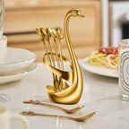 AnSaw Gold Small Coffee Spoon Holder Set,Swan Base With 10 Pcs Demitasse Espresso Spoons Set,4.7" Mini Leaf Dessert Spoon,Stainless Steel Tea Spoons