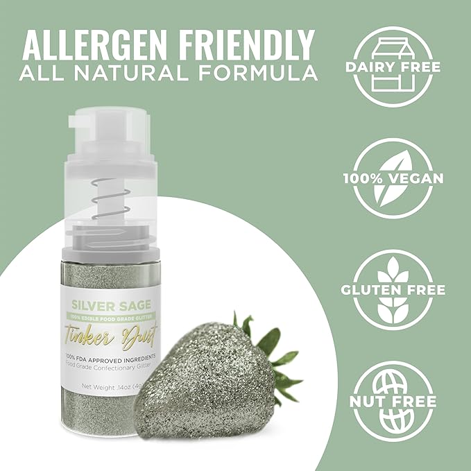 Bakell - Silver Sage Tinker Dust (4g, 1x Mini Spray Pump) Edible Glitter for Food, Desserts, and Beverages!