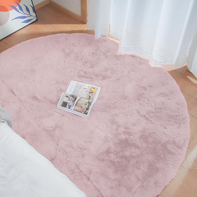 ORINOVA Pink Fluffy Round Rugs 6ft Large Circle Washable Faux Rabbit Shaggy Fur - Image 2