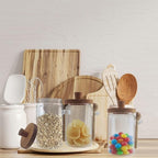 Set of 3 Glass Jars Containers with Wooden Handles Lids and Scoop Clear Canister Jars Set with Spoon for Kitchen Food Storage Coffee Tea Sugar Decorative Countertop Organization Jars 25 oz