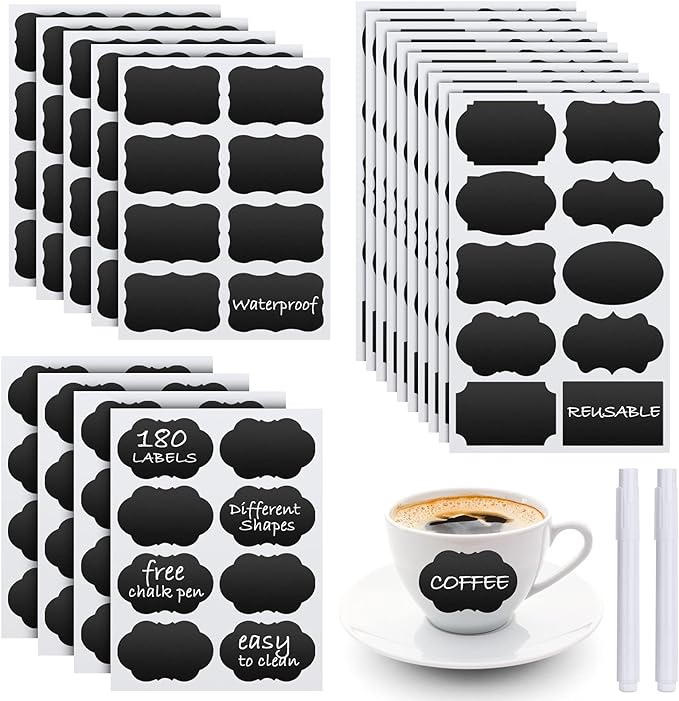 Chalkboard Labels - 180pcs Waterproof Reusable Blackboard Stickers with 2 Free Erasable White Chalk Marker, Mini Decorative Chalk Labels for Jars Containers Kitchen Home Pantry Office