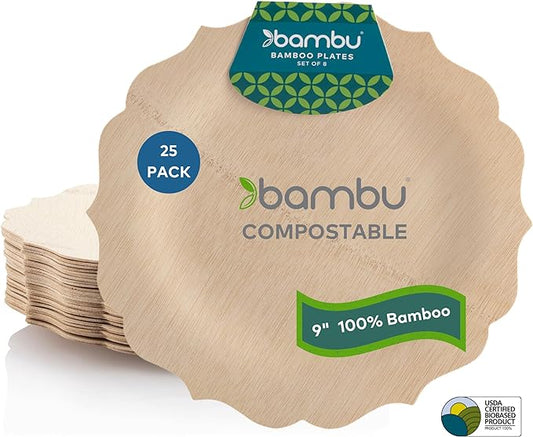 Bambu Pack of 25-9 Inch Disposable Bamboo Plates Fancy, Biodegradable Eco Friendly Products, Bamboo Disposable Plates for Party, Weddings, and Events, Great For Any Occasion, Compostable Plates
