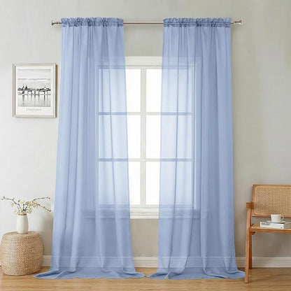 Denim Blue Sheer Curtains 96 Inches Long 2 Panels, Rod Pocket Light Filtering by Lecloud