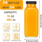 CUCUMI 24pcs 16oz Glass Juice Bottles with Lids, Reusable Vintage Glass Drinking Bottles with Blank Labels, Brush, Straws, Funnel for Storing Tea, Kombucha, Milk