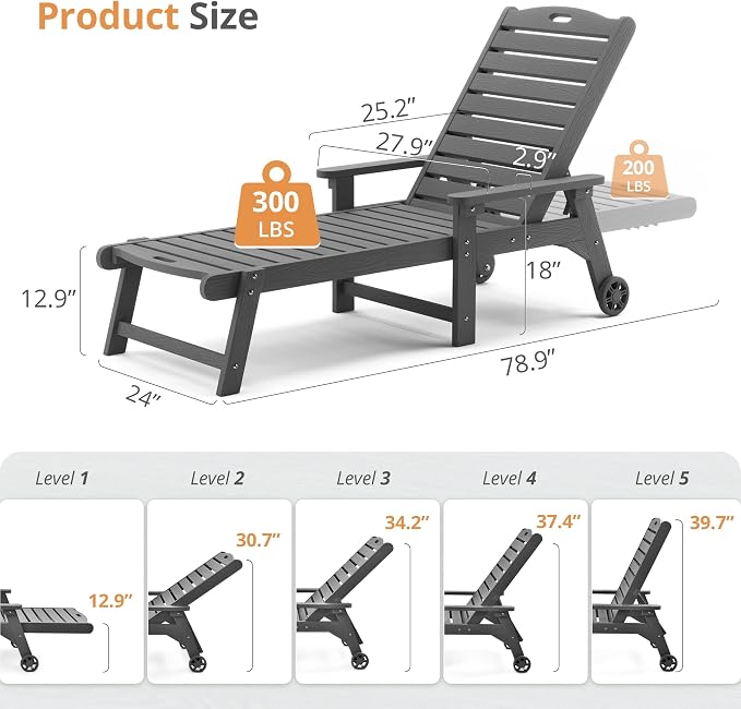 LUE BONA Lounge Chair Outdoor Set of 2, HDPS Chaise Lounge Outdoor - Image 7