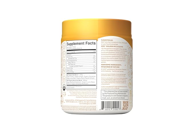 KOS Golden Mylk with Tumeric and Ginger, Organic Superfood Latte Powder, Adaptogen Mushroom Blend - Coffee Creamer, Dessert & Smoothie - Caffeine Free, Vegan, Dairy-Free, Gingerbread Chai, 28 Servings