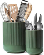 LE TAUCI Utensil Holder, 7.3"+5.4" Ceramic Kitchen Utensil Holder for Countertop, Large Cooking Utensil Crocks for Kitchen Counter, Morden Utensil Organizer for Spatula, Set of 2, Forest Green