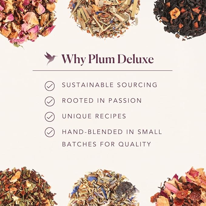 Herbal Tea Sampler – 5 Caffeine-Free Loose Leaf Blends for Sleep and Relaxation, Fruity and Dessert-Inspired Flavors, 75 to 100 Cups – Handcrafted in USA – Plum Deluxe