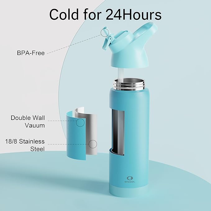 Insulated Water Bottle with Straw - Encool Stainless Steel Water Bottle, Reusable Leakproof and BPA-Free for Sports, Travel, Cold for 24 Hours, 24 oz, Mint Green