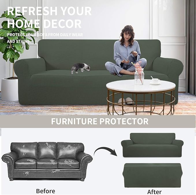 Easy-Going Stretch Loveseat Couch Covers Washable Olive Green | 1-Piece - Image 4