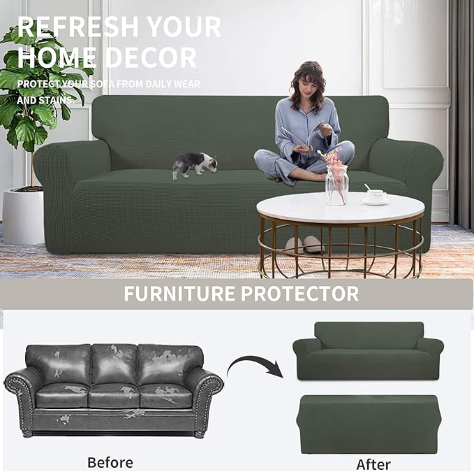 Easy-Going Stretch Oversized Sofa Couch Slipcover Washable Olive Green | - Image 4