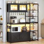 Itaar Bakers Rack with Power Outlet and LED Light, 45.3 Inch Farmhouse Coffee Bar Cabinet, Kitchen Microwave Stand with Storage, Glass Cabinet, Goblet Holder and 8 Hooks, Black
