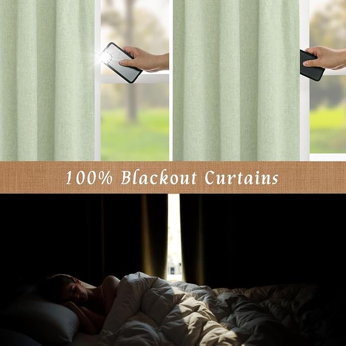 45 Inch 100% Blackout Linen Bedroom Curtains 2 Panels, Light Green | Thermal - Image 3