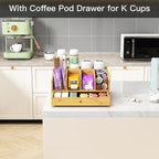 Coffee Station Organizer for Countertop Coffee Condiment Organizer, Office Coffee Station, Small Cute Coffee Bar Organizer – Bamboo & Wooden Storage with Removable Dividers & Drawer
