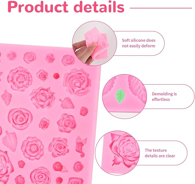 2 Pcs Rose Flowers and Leaves Chocolate Fondant Candy Silicone Molds for Cupcake Toppers, Crafting Projects, Wedding and Birthday Cake Decoration