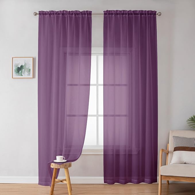 Sheer Curtains 72 Inches Long 2 Panels Set, Transparent Light Filtering Plum - Image 3