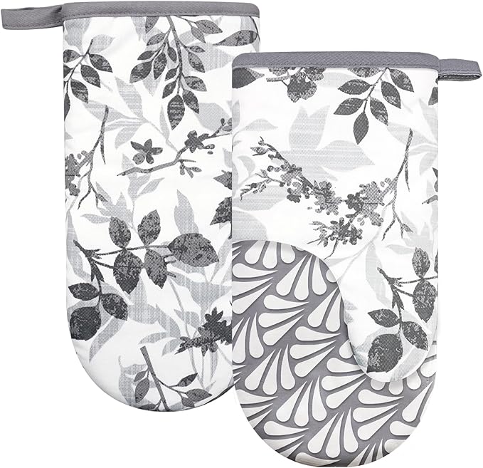 Thumb Oven Mitts, Heat and Slip Resistant Silicone Kitchen Mittens 2-Pack Set, Foliage Textured Flower Soft Long Oven Gloves, Flexible Thick Potholders for Safe Baking Cooking and Gr (Grayish)
