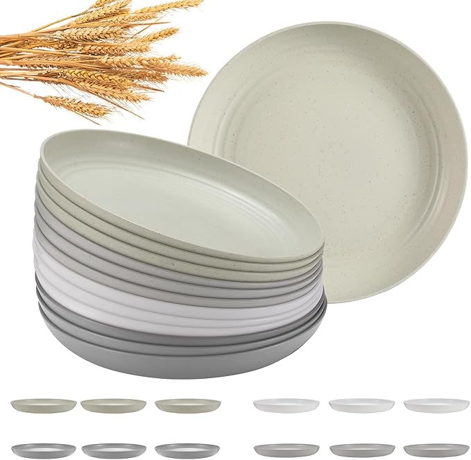12 Pcs Unbreakable Deep Dinner Plates Set, 9 inch Reusable Plastic Wheat Straw Plates, Microwave and Dishwasher Safe Plate for Kitchen, Lightweight Plate for Dessert, BPA Free, 4 Colors