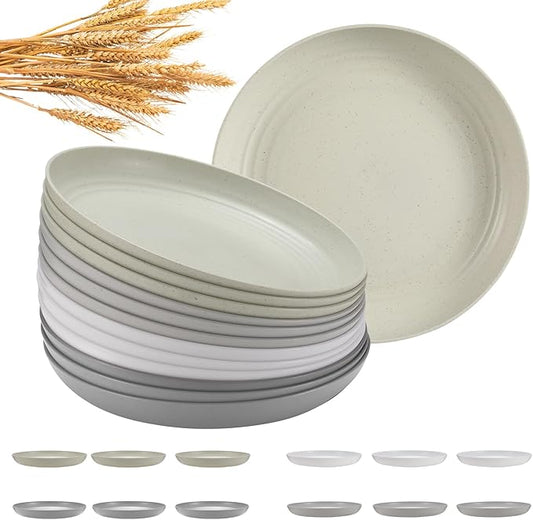 12 Pcs Unbreakable Deep Dinner Plates Set, 9 inch Reusable Plastic Wheat Straw Plates, Microwave and Dishwasher Safe Plate for Kitchen, Lightweight Plate for Dessert, BPA Free, 4 Colors