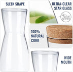 Bormioli Rocco Ypsilon Carafe Set with Cork Lids, Set of 2-36.25 oz Stylish Drink Set for Water, Milk, Juice, or Wine - Dishwasher Safe Modern Glassware for Dining & Entertaining