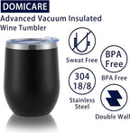 DOMICARE Stainless Steel Wine Tumbler Bulk with Lid, Personalized Insulated Tumblers Set, 12oz Travel Coffee Cups Pack of 16, Black